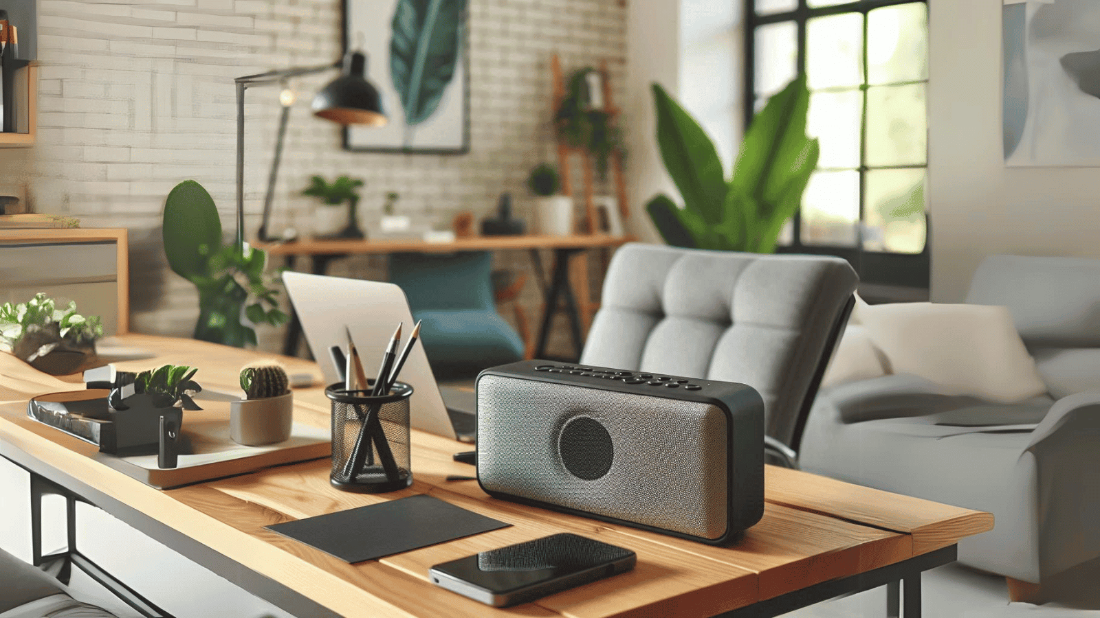 Une enceinte portable posée sur un bureau ergonomique, à la maison